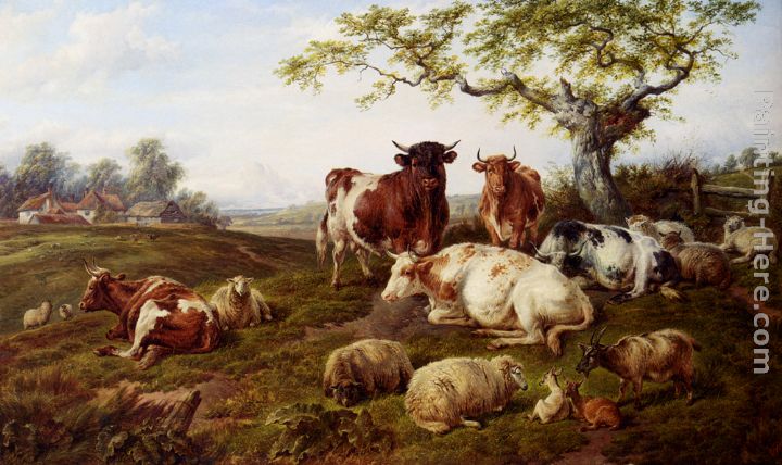 Resting Cattle, Sheep And Deer, A Farm Beyond painting - Charles Jones Resting Cattle, Sheep And Deer, A Farm Beyond art painting